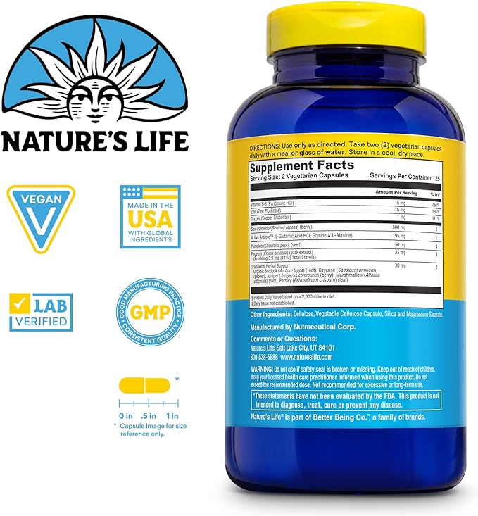 Nature's Life Prostate Maintain 600 Plus - Prostate Support Supplement for Men's Health - Saw Palmetto, Pygeum Herbal Complex and Zinc Supplements - 125 Servings, 250 Vegetarian Capsules