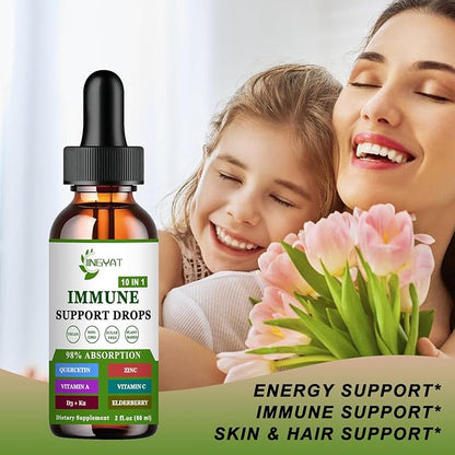 Zinc Quercetin with Bromelain Vitamin C D3 Liquid Drops Immune Support with Vitamin A K2 Echinacea Chlorophyll and Elderberry - 10 in1 Immune Defense Drops Complex for Immunity Health