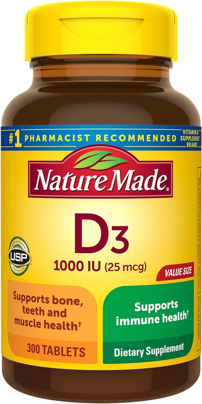 Nature Made Vitamin D3 1000 IU (25 mcg), Dietary Supplement for Bone, Teeth, Muscle and Immune Health Support, 300 Tablets, 300 Day Supply