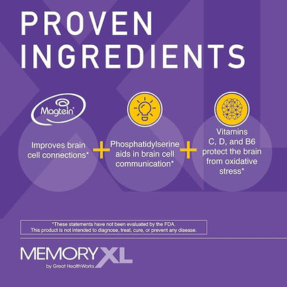 MemoryXL, Magnesium L-Threonate: Brain Supplement for Memory & Focus; Magtein®, Phosphatidylserine, Vitamin Mix. Improves Memory Focus Attention Learning & Logic. 0 Sugar, 0 cal, 30pk Unflavored