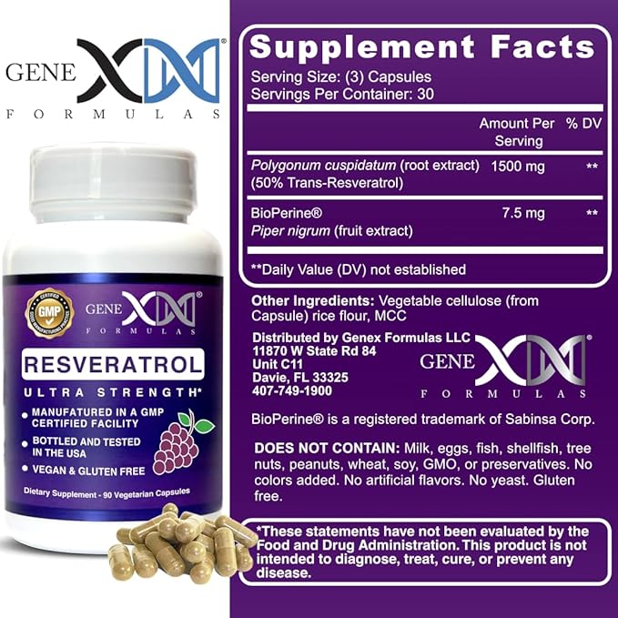 GENEX 1500mg Resveratrol with BioPerine for Absorption (3 Pack) | Organic Trans-Resveratrol Capsules from Japanese Knotweed, Antioxidant Supplement for Healthy Aging