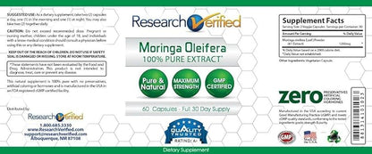 Research Verified Moringa Oleifera - 100% Pure Extract- 1200 mg Per serving - 60 Capsules - 1 Month Supply