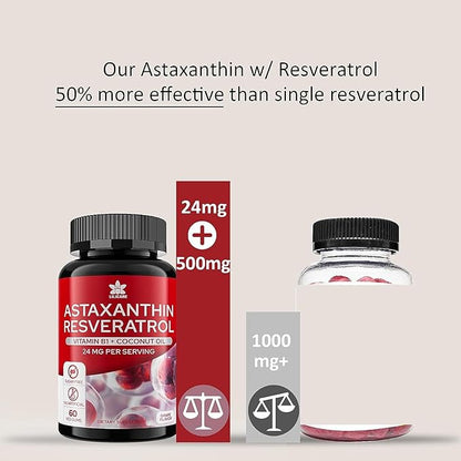 Sugar-Free Astaxanthin 24mg Gummies with Resveratrol, Vitamin B1, Coconut Oil - Powerful Antioxidants Supplement for Men & Women Healthy Aging, Skin, Eyes, Joints, Immune - Vegan, Non-GMO 120 Servings