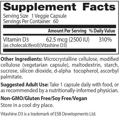 Doctor's Best Vitamin D3 2500IU with Vitashine D3, Non-GMO, Vegan, Gluten & Soy Free, Regulates Immune Function, Supports Healthy Bones, 60 Count