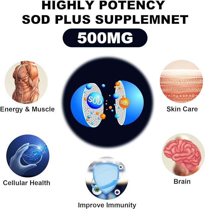 SOD Plus Supplement 500mg Antioxidant Supplements with liposomal glutathione, AKG, Green Tea Extract, L-Arginine, Lysine, Resveratrol and Vitamin E for Immune Support