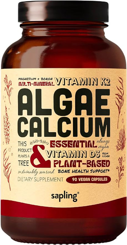 Calcium Supplement - Whole Food with Vitamin K2 & D3, Magnesium, Zinc, Boron, Mineral Complex. Sourced Sustainably from Red Algae. for Bone Strength and Support. Non-GMO & Vegan 90 Capsules.