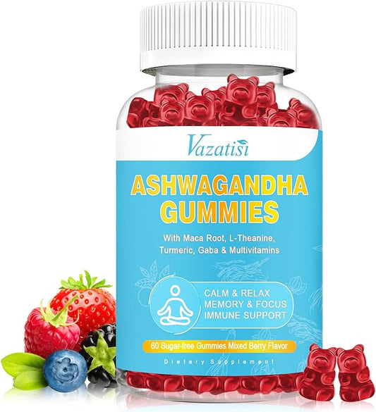 Sugar Free Ashwagandha Gummies with Maca Root Turmeric GABA Mood Energy & Immune Support, Mixed Berry Flavor 60 Ct