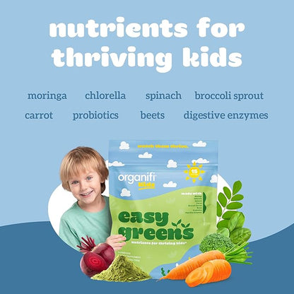 Organifi Kids: Easy Greens - Probiotics for Kids Made with a Delicious Blend of Vegetables and Superfoods - Plant-Based, Vegan, and No Gluten, Dairy, or Soy, 15 Servings