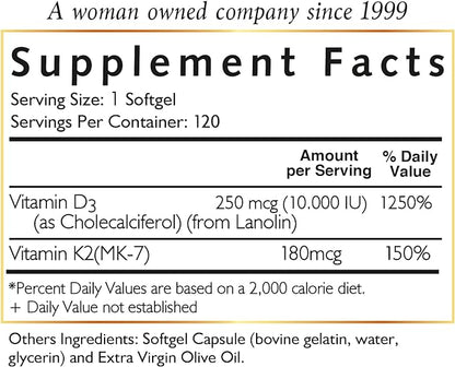 Coco March Vitamin D3+K2 10,000 IU - 4 Month Supply HIGH Potency - Immune & Joint Health Gluten Free, GMO Free, Dairy Free, Keto Friendly, Paleo Friendly, 250 mcg of D3-180 mcg of Vitamin K2