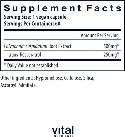 Vital Nutrients Resveratrol | High-Potency Antioxidant | 250 mg Trans-Resveratrol | Heart Health, Healthy Aging, Memory Support | Vegan Supplement | Gluten, Dairy, Soy Free | Non-GMO | 60 Capsules