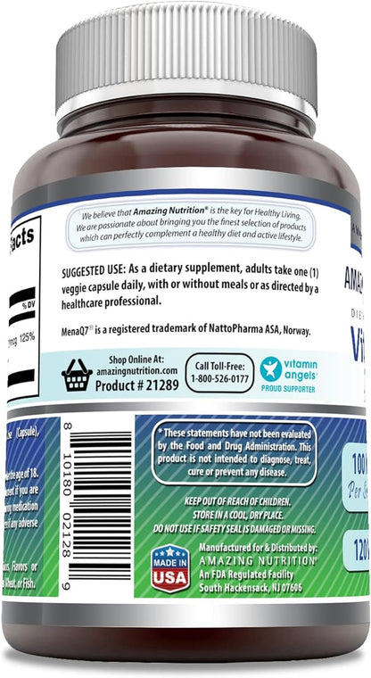 Amazing Formulas Vitamin K2 Menaq7 MK7 Supplement | 100 Mcg | Veggie Capsules | Non-GMO | Gluten Free | Made in USA (1 Pack, 120 Count)