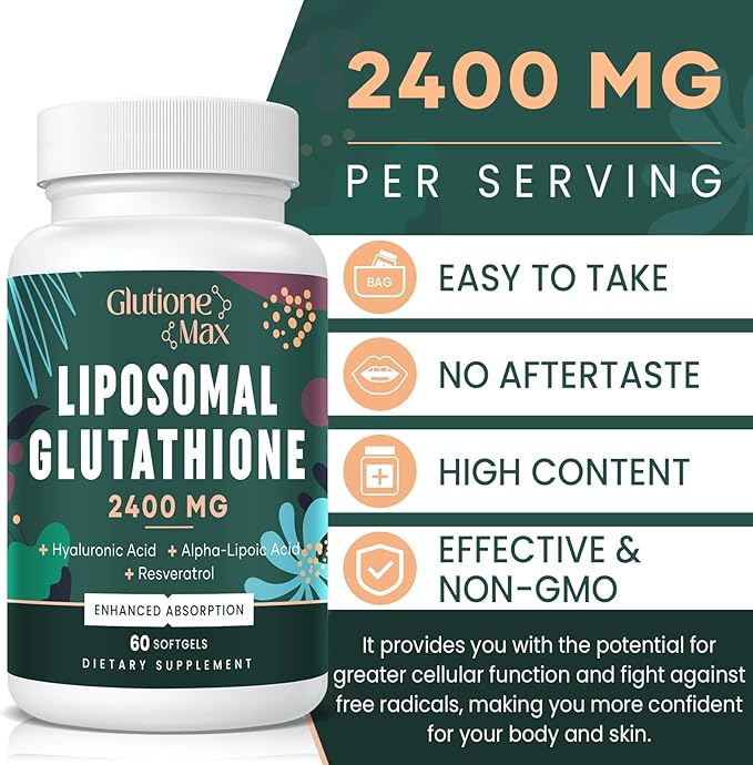 Liposomal Glutathione, 2400Mg Glutathione Supplement - 180 Softgel, with Hyaluronic Acid+Resveratrol, Active Form L Glutathione(Reduced), Master Antioxidant - Aging Combat, Liver Detox, Immune System