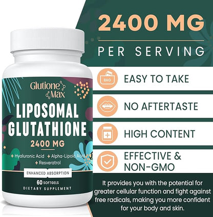 Liposomal Glutathione, 2400Mg Glutathione Supplement - 180 Softgel, with Hyaluronic Acid+Resveratrol, Active Form L Glutathione(Reduced), Master Antioxidant - Aging Combat, Liver Detox, Immune System