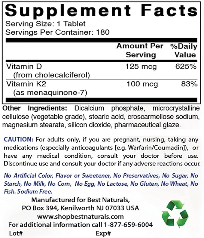 Best Naturals Vitamin K2 (MK7) with D3 Supplement Bone and Heart Health (5000 IU Vitamin D3 & 100 mcg Vitamin K2 MK7), 180 Tablets