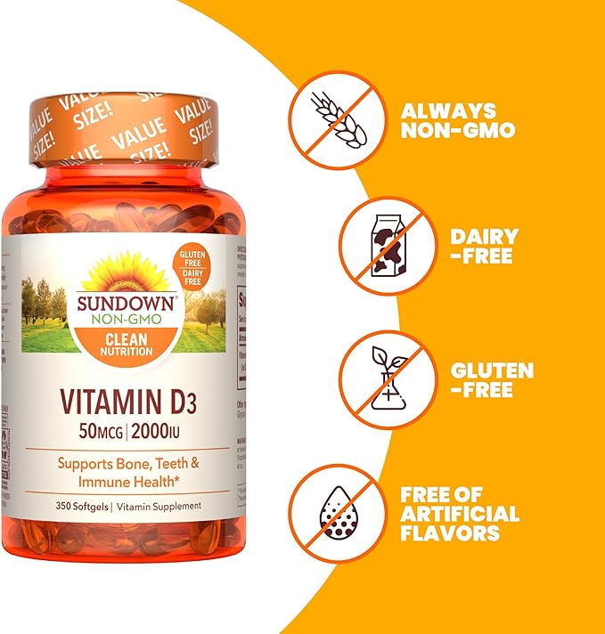 Sundown Vitamin D3 2000 IU Softgels, Supports Bone, Teeth, and Immune Health, 350 Count