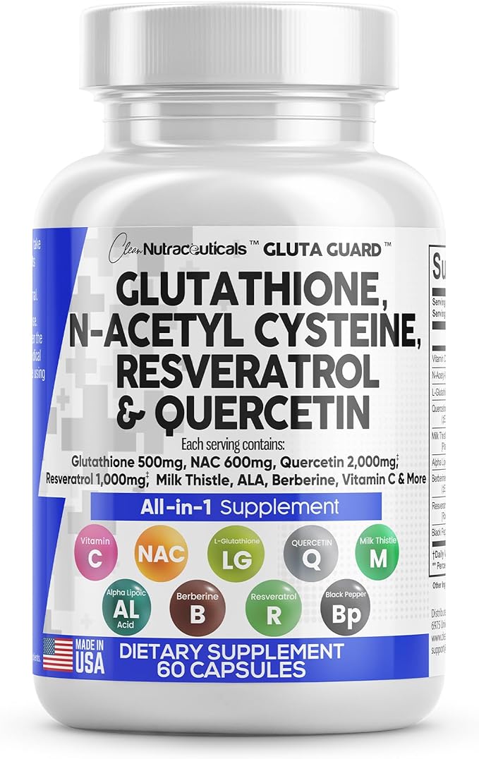 Clean Nutraceuticals Glutathione 500mg Supplement with Vitamin C N Acetyl Cysteine 600mg Berberine 1000mg Resveratrol Quercetin Alpha Lipoic Acid - Reduced L Glutathion Free Form Women 60 Ct USA Made