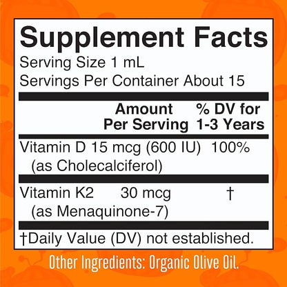 MaryRuth Organics CoComelon Vitamin D3 K2 Liquid Drops for Toddlers | Vitamin K2 D3 Supplement for Kids Ages 1-3 | Calcium Absorption | Strong Bones | USDA Organic | Sugar Free | 15 mL