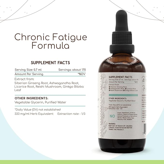 Chronic Fatigue Formula B120 (2 pcs.) Alcohol-FREE Extract Tincture: Siberian Ginseng Root,Ashwagandha Root, Licorice Root, Ginkgo Biloba Leaf, Reishi Mushroom. Chronic Fatigue Blend 2x4 Fl Oz