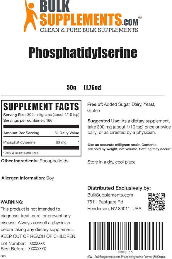 BulkSupplements.com Phosphatidylserine Powder - Phosphatidylserine Supplement, Sourced from Soy Beans - 300mg per Serving (60mg of Phosphatidylserine), 50g (1.8 oz) (Pack of 1)