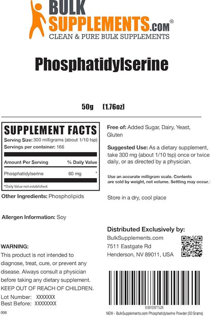 BulkSupplements.com Phosphatidylserine Powder - Phosphatidylserine Supplement, Sourced from Soy Beans - 300mg per Serving (60mg of Phosphatidylserine), 50g (1.8 oz) (Pack of 1)