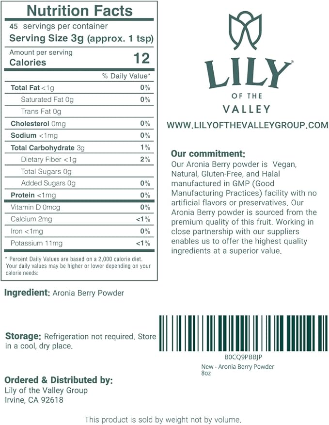 Lily of the Valley Aronia Berry Powder - Ideal for Smoothies & Shakes - Superfood Berry - High in Flavonoids - Water Soluble - Vegan & Gluten-Free - Packed in Resealable Pouch (8oz, 226g)