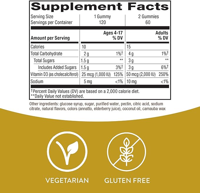 Nature's Way Vitamin D3 Gummies, Supports Immune and Bone Health*, 2000 IU (50 mcg) per 2-gummy Serving, Mixed Fruit Flavored, 120 Gummies (Packaging May Vary)