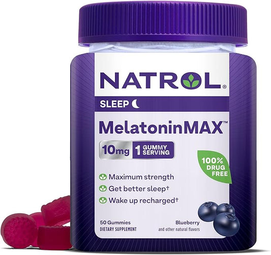 Natrol MelatoninMax Sleep Aid Gummy, 10mg per Gummy, Maximum Strength for Better Sleep, 10mg, 50 Blueberry Flavored Gummies