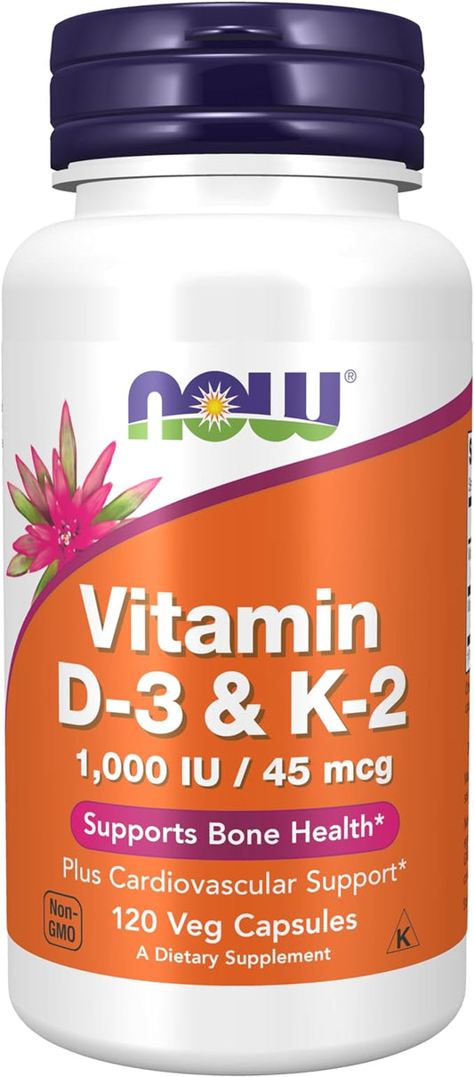 NOW Supplements, Vitamin D-3 & K-2, 1,000 IU/45 mcg, Plus Cardiovascular Support*, Supports Bone Health*, 120 Veg Capsules