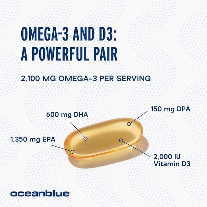 Oceanblue Professional Omega-3 2100 – 180 ct – Triple Strength Burpless Fish Oil Supplement with High-Potency EPA, DHA, DPA and Vitamin D3 – Wild-Caught – Vanilla Flavor (90 Servings)