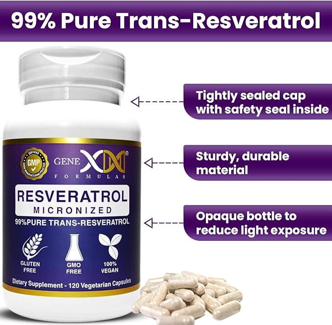 GENEX Trans Resveratrol 1000mg Serving 99% Pure Micronized Pharmaceutical Grade Trans-Resveratrol + Bioperine Extract mad in a GMP & NSF Certified Facility (4X 250mg Cpasules 120ct)