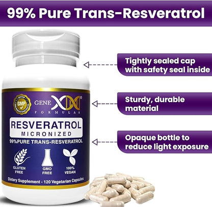 GENEX Trans Resveratrol 1000mg Serving 99% Pure Micronized Pharmaceutical Grade Trans-Resveratrol + Bioperine Extract mad in a GMP & NSF Certified Facility (4X 250mg Cpasules 120ct)