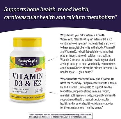 Healthy Origins Vitamin D3 & K2 - Vitamin D3, 50 mcg - Vitamin K2, 200 mcg - Easily Absorbable Vitamin D & Vitamin K Supplements - Non-GMO & Gluten-Free Supplements - 60 Softgels