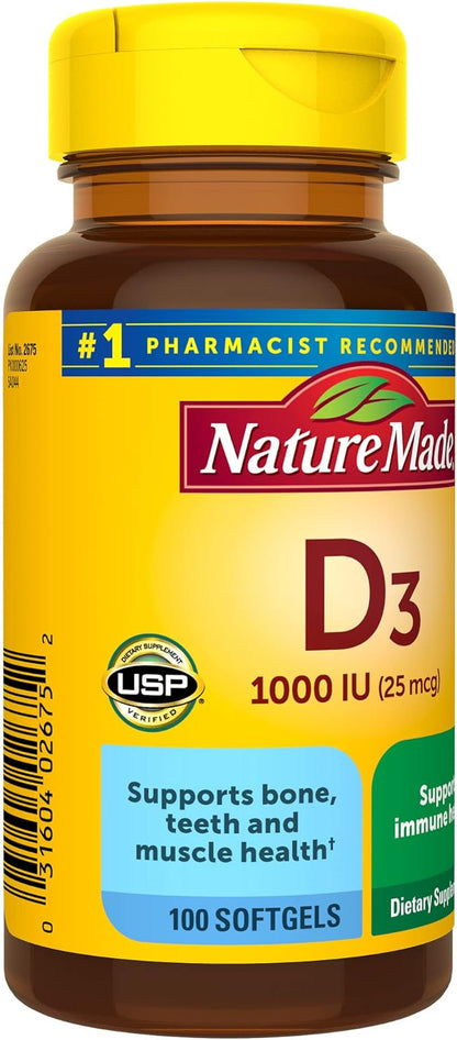 Nature Made Vitamin D3 1000 IU (25 mcg), Dietary Supplement for Bone, Teeth, Muscle and Immune Health Support, 100 Softgels, 100 Day Supply