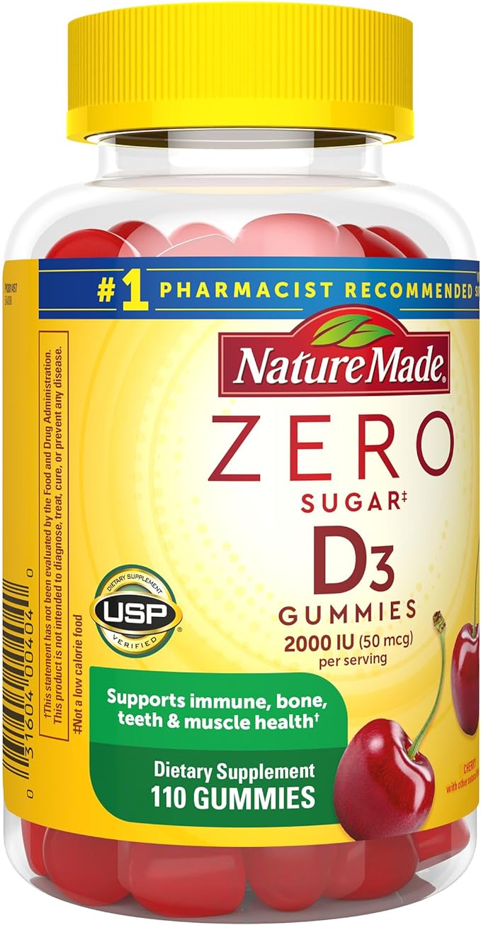 Nature Made Zero Sugar Vitamin D3 Gummies 2000 IU (50 mcg) per Serving, Immune, Bone, Teeth & Muscle Support Supplement, 110 Sugar Free Vitamin D Gummies, 55 Day Supply