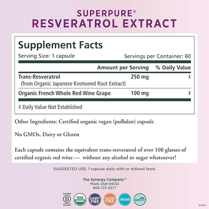 PURE SYNERGY SuperPure Resveratrol Extract | Organic Resveratrol Supplement | Antioxidant Trans-Resveratrol Extract with Grape Polyphenols | for Healthy Aging, Heart, and Skin Health (60 Capsules)