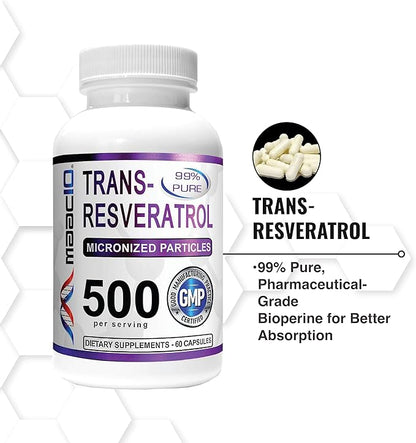 MAAC10 - Trans Resveratrol 500mg 3-Pack (Micronized Pharmaceutical Grade 99% Pure Trans-Resveratrol Extract + BioPerine for Superior Absorption).