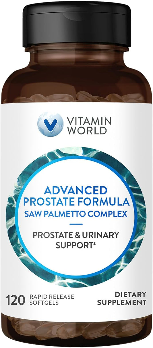 Vitamin World Advanced Prostate Formula Saw Palmetto Complex 120 Softgels, Supports Prostate Health, Urinary Health, Rapid-Release, Gluten Free