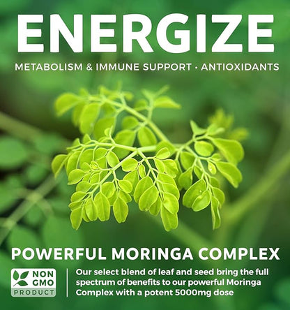 Moringa Capsules (4 Month Supply) High Strength 5,000mg Equivalent - Advanced Blend of Whole Herb Powder With 20:1 Seed and 10:1 Leaf Extract - Non-GMO Vegetarian Supplement - 120 Caps (No Oil or Tea)