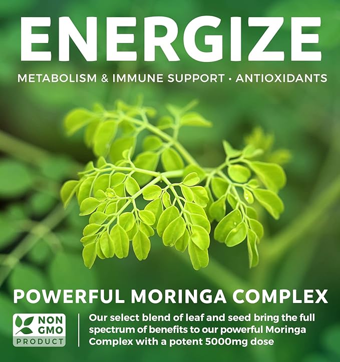 Moringa Capsules (2 Month Supply) High Strength 5,000mg Equivalent - Advanced Blend of Whole Herb Powder With 20:1 Seed and 10:1 Leaf Extract - Non-GMO Vegetarian Supplement - 60 Caps (No Oil or Tea)