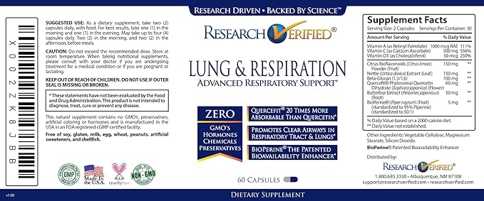 Research Verified Lung and Respiration - Seasonal Allergy and Sinus Support - Vitamin A, C & D, Quercetin, Nettle Leaf Extract - 180 Capsules - Made in The USA