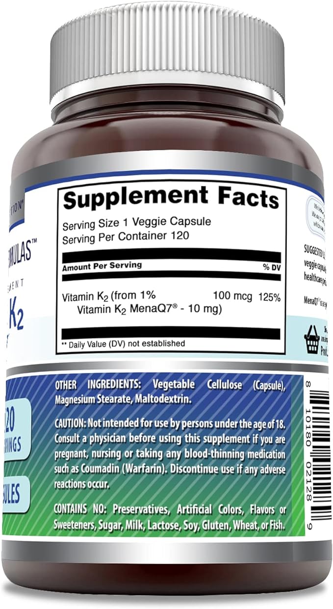 Amazing Formulas Vitamin K2 Menaq7 MK7 Supplement | 100 Mcg | Veggie Capsules | Non-GMO | Gluten Free | Made in USA (1 Pack, 120 Count)