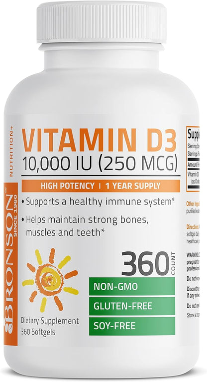 Bronson Vitamin D3 10,000 IU (250 mcg) High Potency - Supports Healthy Immune System, Strong Bones, Muscles & Teeth - Non GMO, 360 Softgels (1 Year Supply)