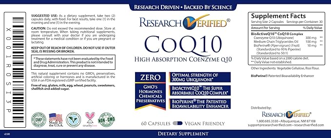 Research Verified CoQ10-100% Pure Extra Strength 300mg CoQ10 – Improved Absorption and Bioavailability with Bioperine - Boost Antioxidant Levels, Improve Cardiovascular Health, 360 Vegan Capsules