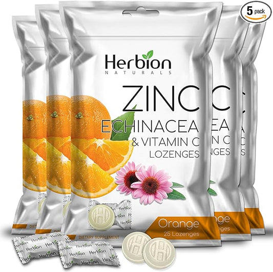 Herbion Naturals Zinc, Echinacea & Vitamin C Lozenges with Orange Flavor, 25 CT - Dietary Supplement for Adults & Children 5+ - Promotes Wellness for The Whole Family - (Pack of 5) (125 Lozenges)