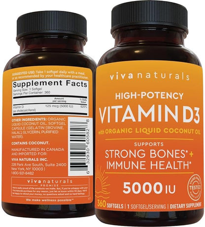 Viva Naturals D3 Vitamin 5000 IU Softgels (125 mcg), 360 Softgels - High Potency Vitamin D Supplements for Healthy Immune Function, Bones & Muscles - Made with Organic Liquid Coconut Oil