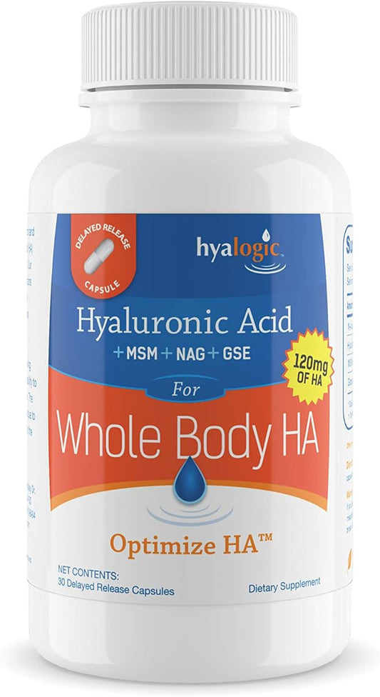 Hyalogic Hyaluronic Acid 120 mg delayed release capsules | Combo Formula w/Glucosamine MSM | Support Healthy Joints, Eyes and Skin and overall Body | Promote Healthy Skin | Non-GMO (30 count)