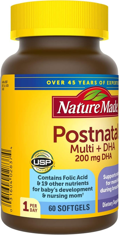 Nature Made Postnatal Multivitamin + DHA 200 mg, 60 Softgels, to Support Nursing Moms & Babies During Breastfeeding, Postnatal Vitamins & Nutrients Include Iron, Vitamin D3, Calcium, Iodine