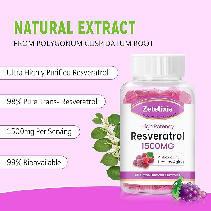 Sugar Free Resveratrol Gummies 1500mg - High Purity Resveratrol Supplement for Antioxidant, Healthy Aging, Skin, Brain, Organic - 120 Gummies