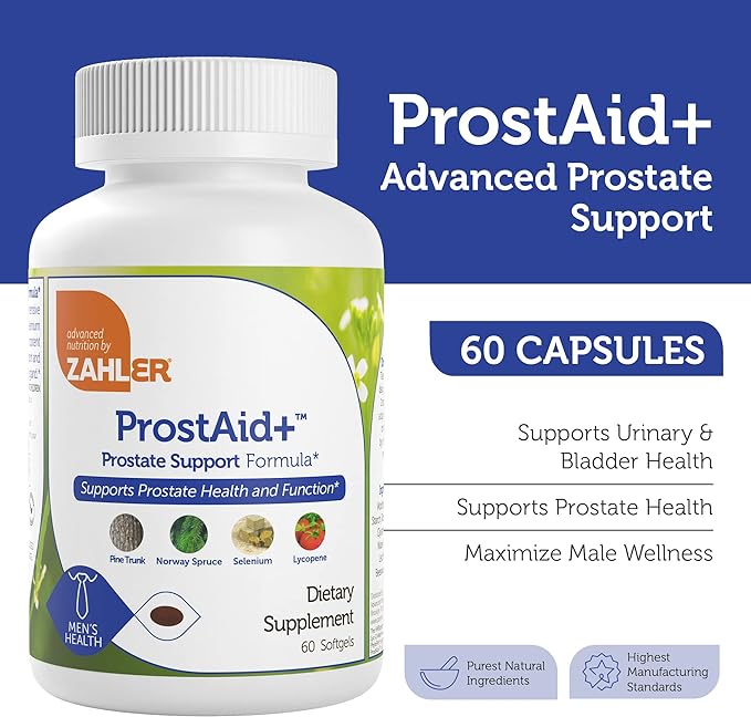 Zahler ProstAid+ Prostate Supplements for Men with Lycopene & Norway Spruce for Urine Flow, Prostate Support - Made in USA, Kosher - Prostate Health Supplements for Men (60 Vegetarian Softgels)