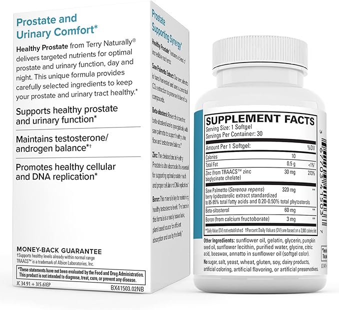 Terry Naturally Healthy Prostate - 30 Softgels - Supports Healthy Urinary Function - with Saw Palmetto, Zinc, Beta-sitosterol & Boron - Non-GMO, Gluten Free - 30 Servings